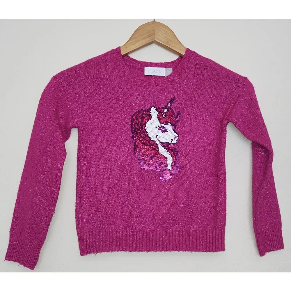 The Children's Place - Girls Flip Sequin Unicorn Sweater - shimmery pink sz 5-6
